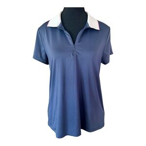 Tommy Bahama Women’s Blue& White Short Sleeve Polo 3/4 Zip Down Gold Shirt. EUC